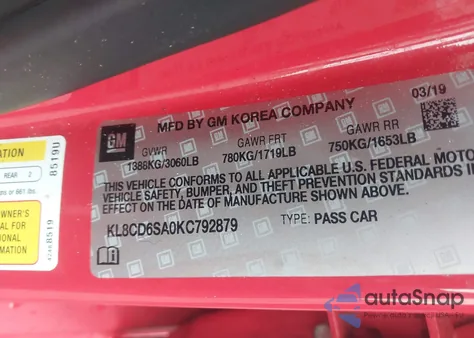 2019 Chevrolet Spark 1Lt Cvt from USA, damaged, VIN KL8CD6SA0KC792879